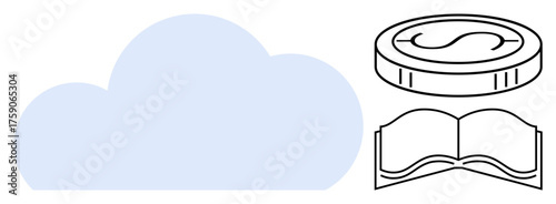 Cloud with a coin portraying financial aspects and an open book suggesting learning. Ideal for finance, education, cloud technology, data, digital resources, e-learning, cloud economy. A simple flat