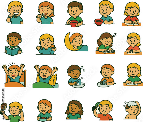 Kids Daily Routine Icons | Children Morning and Night Habits Illustratio