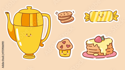Cute kawaii tea set illustration featuring a smiling yellow teapot, cookies, cupcake, candy, and pancakes with syrup and strawberry on a beige background. For stickers, packaging, children’s designs.