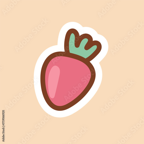 Cute kawaii strawberry with green leaves on beige background. Perfect for stickers, packaging, fruit-themed illustrations, children’s designs and summer sweet projects.