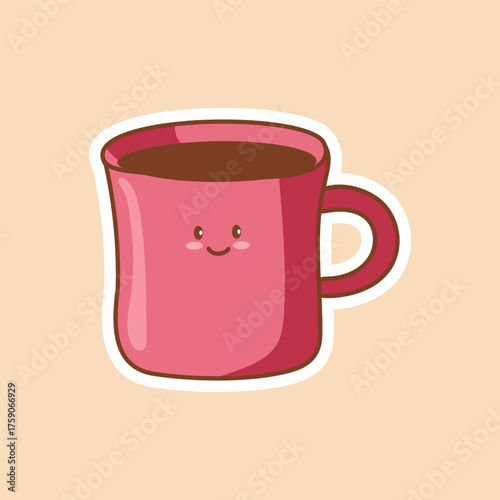 Cute kawaii pink coffee cup with smiling face on beige background. Perfect for stickers, cafe branding, packaging, cozy drink-themed illustrations, and cheerful children’s projects.