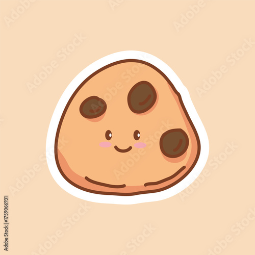 Cute kawaii chocolate chip cookie with smiling face on beige background. Perfect for stickers, bakery packaging, dessert illustrations, children’s projects and sweet-themed designs.