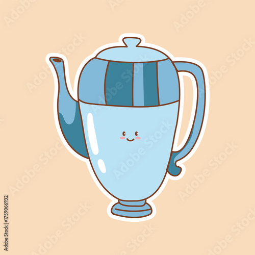 Cute kawaii blue teapot with smiling face on beige background. Perfect for stickers, packaging, cafe branding, tea-themed illustrations, and cozy kitchen design projects.