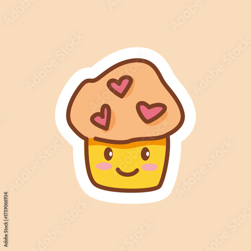 Cute kawaii muffin with pink hearts and smiling face on beige background. Perfect for stickers, bakery packaging, dessert illustrations, cafe branding, and children’s sweet-themed designs.