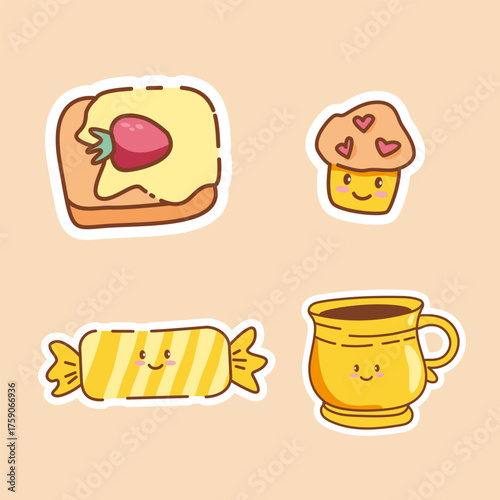 Cute kawaii yellow breakfast set with smiling toast, muffin, candy and cup on beige background. Perfect for stickers, packaging, bakery projects, cafe branding and children’s illustrations.