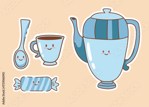 Cute kawaii blue tea set with smiling teapot, cup, spoon, and candy on beige background. Perfect for stickers, packaging, cafe branding, children’s projects and cozy design themes.