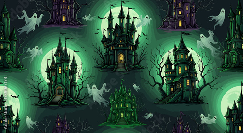 Spooky Halloween Wallpaper with Haunted Houses, Ghosts, and Full Moons