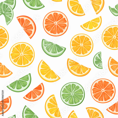Seamless pattern of assorted citrus fruit slices.