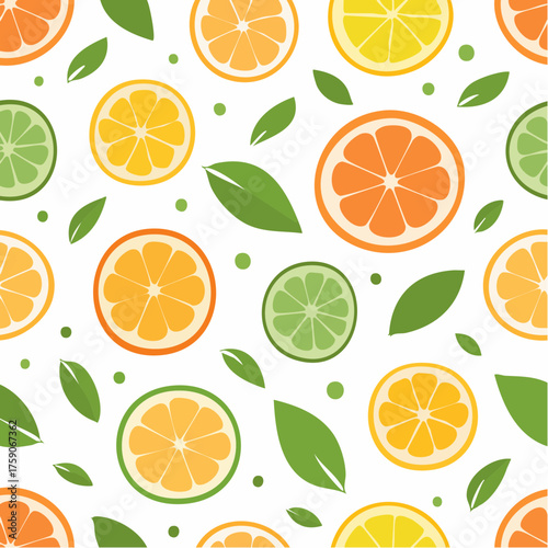 Seamless pattern of citrus fruits and leaves.