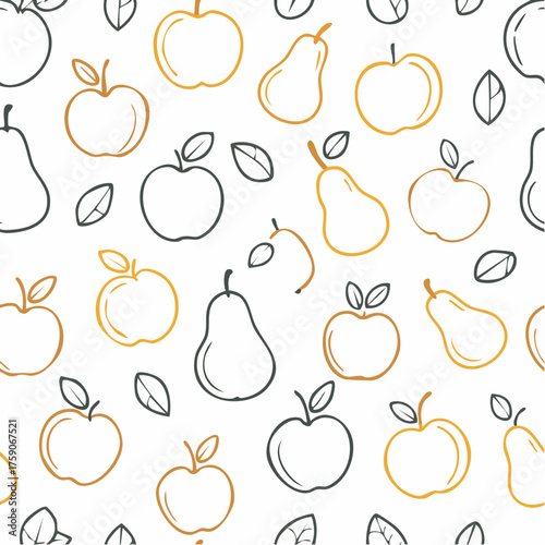 Seamless Pattern of HandDrawn Apples and Pears with Leaves.