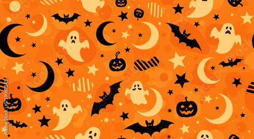 Halloween Wallpaper with Ghosts, Pumpkins, Bats, Stars, and Moons for Festive Season