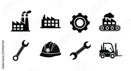Industrial icons depicting factories tools and construction related elements