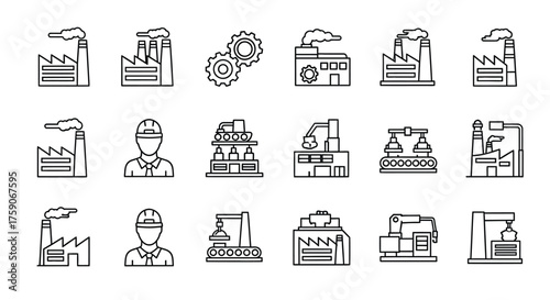 Industrial icons depicting factories manufacturing workers and related machinery