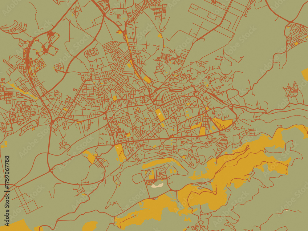 Fototapeta premium Decorative flat city map of Tlemcen, Algeria using olive backdrop with warm rust street network and ochre blocks.