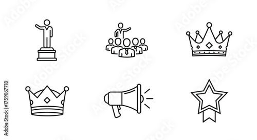 Line art icons depicting awards royalty and achievement symbols