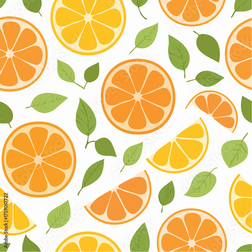 Seamless pattern with oranges and leaves on a white background.