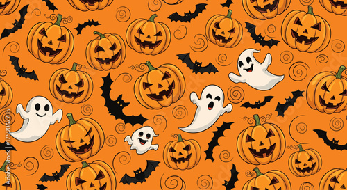 Spooky and Fun Halloween Wallpaper Seamless Pattern with Carved Pumpkins, Ghosts, and Bats