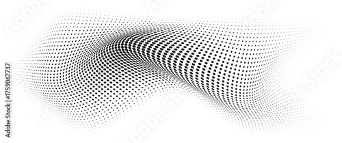 Flowing Wave Dot Halftone Pattern: Curve Gradient Shape on Transparent Background. Suitable for AI, Tech, Network, Digital, Science, and Technology Themes.