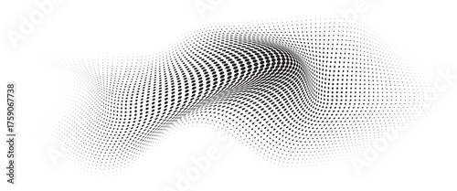 Flowing Wave Dot Halftone Pattern: Curve Gradient Shape on Transparent Background. Suitable for AI, Tech, Network, Digital, Science, and Technology Themes.