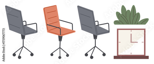 Three office chairs, one orange, face a clock next to a potted plant. Ideal for workplace organization, productivity, time management, corporate culture, interior design, office setup simple flat