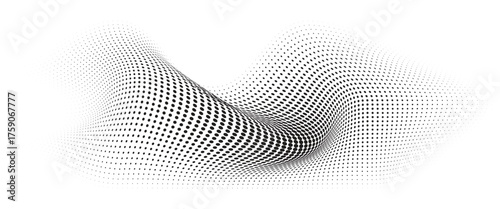 Flowing Wave Dot Halftone Pattern: Curve Gradient Shape on Transparent Background. Suitable for AI, Tech, Network, Digital, Science, and Technology Themes.