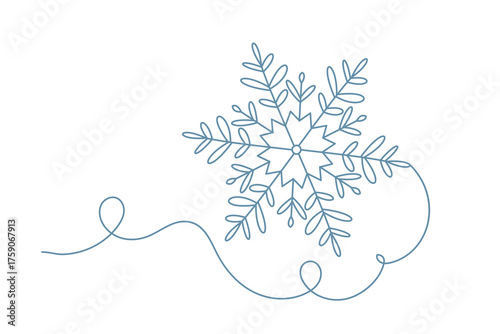 One line continuous drawing vector snowflake icon, minimalist winter line art element.