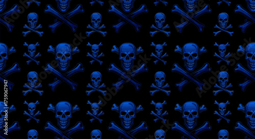 Creepy Halloween Wallpaper with Blue Skull and Crossbones Pattern on Black Background