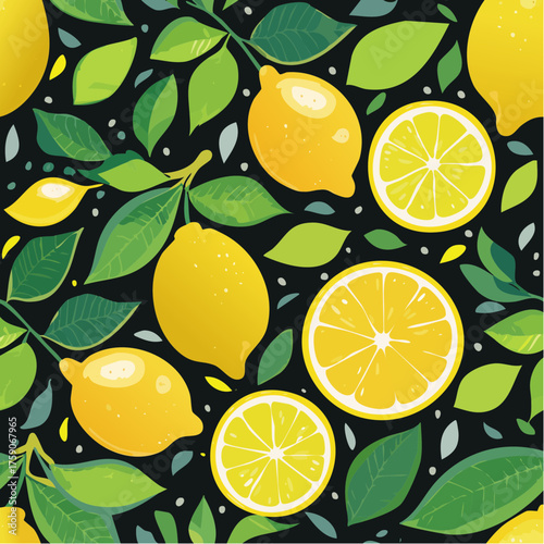 Vibrant Lemon Fruit and Leaves Seamless Pattern.