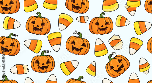 Festive Jack-o'-Lanterns and Sweet Candy Corn Create a Spooky Halloween Wallpaper Design