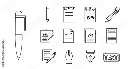 Simple line art icons representing writing tools and office supplies