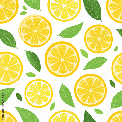 Vibrant Lemon Slices and Green Leaves Seamless Pattern.