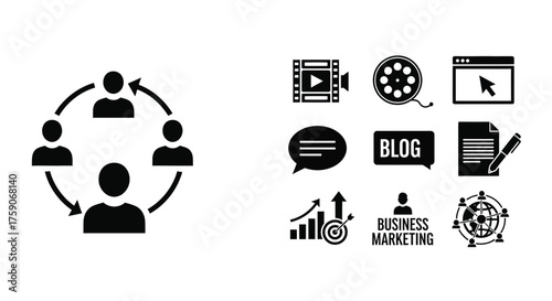Communication media and business concepts illustrated with black glyph icons