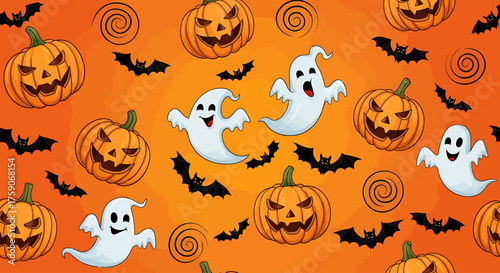 Festive Halloween Wallpaper featuring Pumpkins, Ghosts, and Bats on an Orange Background