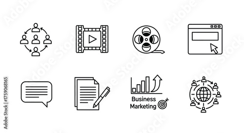 Collection of media communication and business related line icons displayed
