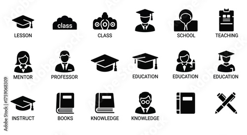 Black silhouette icons representing education learning and academic professions