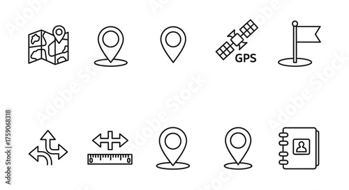 Navigation and location icons featuring maps markers and gps signal