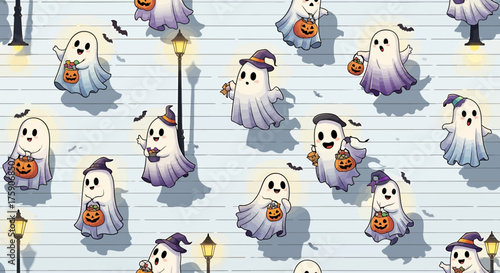 Halloween Wallpaper Featuring Adorable Cartoon Ghosts, Perfect for Spooky Decorations
