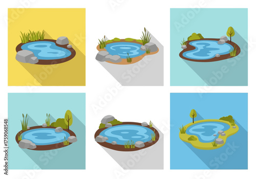 Set of 6 Flat Design Pond Vector Illustrations - Natural Lake Icons