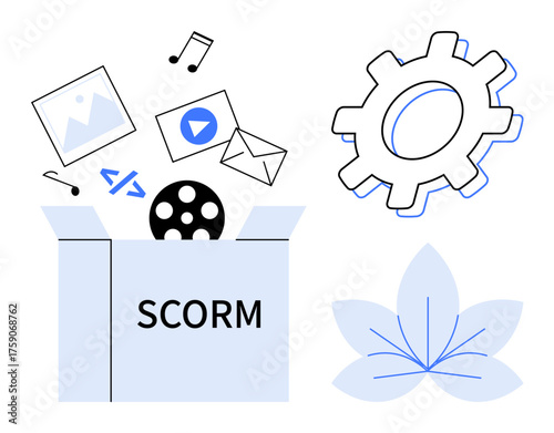 Open box labeled SCORM containing multimedia assets thumbs up video, pictures, music, and code with a gear and abstract leaf. Ideal for e-learning, content creation, LMS, technology, collaboration