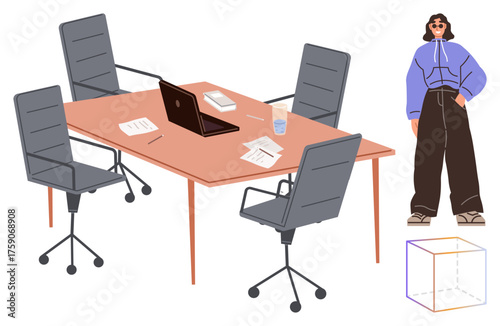 Table with laptop, papers, chairs, glass of water, and a casually dressed person. Ideal for teamwork, creativity, office culture collaboration modern workspace brainstorming productivity. Simple