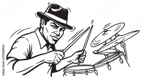 Black and white sketch of an african american male drummer energetically playing a drum set with cymbals, wearing a fedora hat.