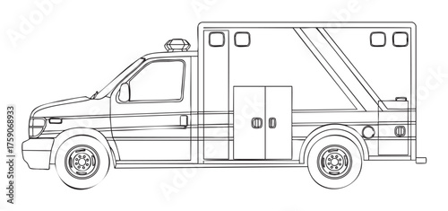 Black outline drawing of a modern ambulance vehicle with visible doors, windows, wheels, and siren on top, showcasing emergency transportation design.
