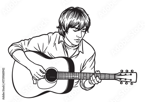 Black and white line art of a young caucasian male playing an acoustic guitar with focus on his concentrated expression.