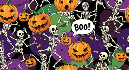 Spooky Delights A Festive Halloween Wallpaper with Pumpkins and Skeletons