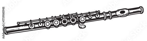 Detailed black outline of a flute with visible key mechanisms, perfect for musical instrument and orchestral themes.
