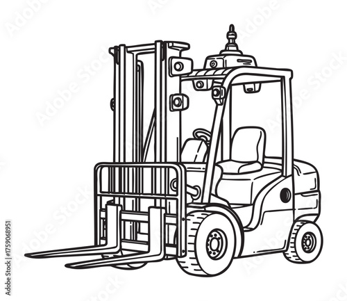 Black outline vector icon of a forklift with dual fork prongs and protective driver enclosure, suitable for industrial and warehouse concepts.