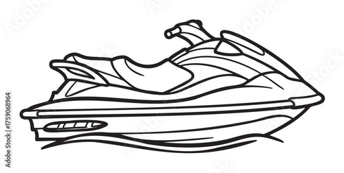 Black outline drawing of a personal watercraft with detailed features, including handles and seat design, showcasing a sporty marine vehicle.