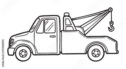 Black outline drawing of a tow truck with a crane and hook, showcasing basic vehicle design elements.