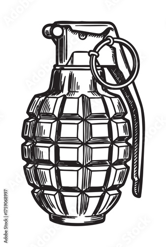 Black and white sketch of a classic grenade with a pin and checkered pattern, detailed in a vintage style.