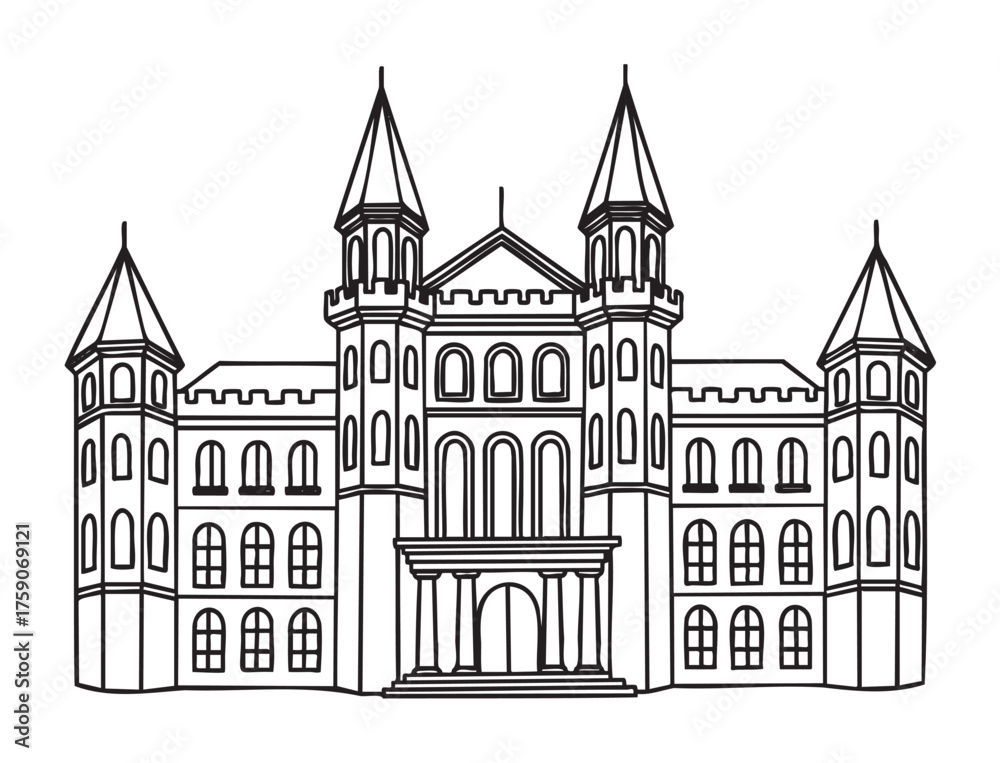 Fototapeta premium Black outline drawing of a grand medieval castle with multiple towers and arched windows, featuring symmetrical architecture and detailed spires.
